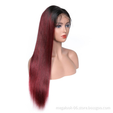 Natural Hairline And Baby Hair 99J Red Straight Preplucked Brazilian Virgin Lace Front Wig